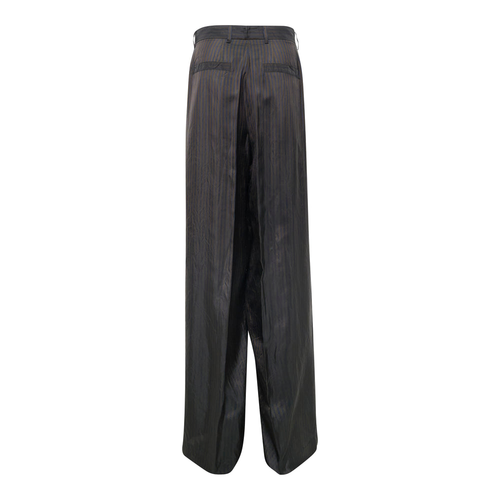 Dries Van Noten wide leg pants in dark tonal pinstripe fabric with a high-rise waist and fluid straight-cut silhouette, front view on white background