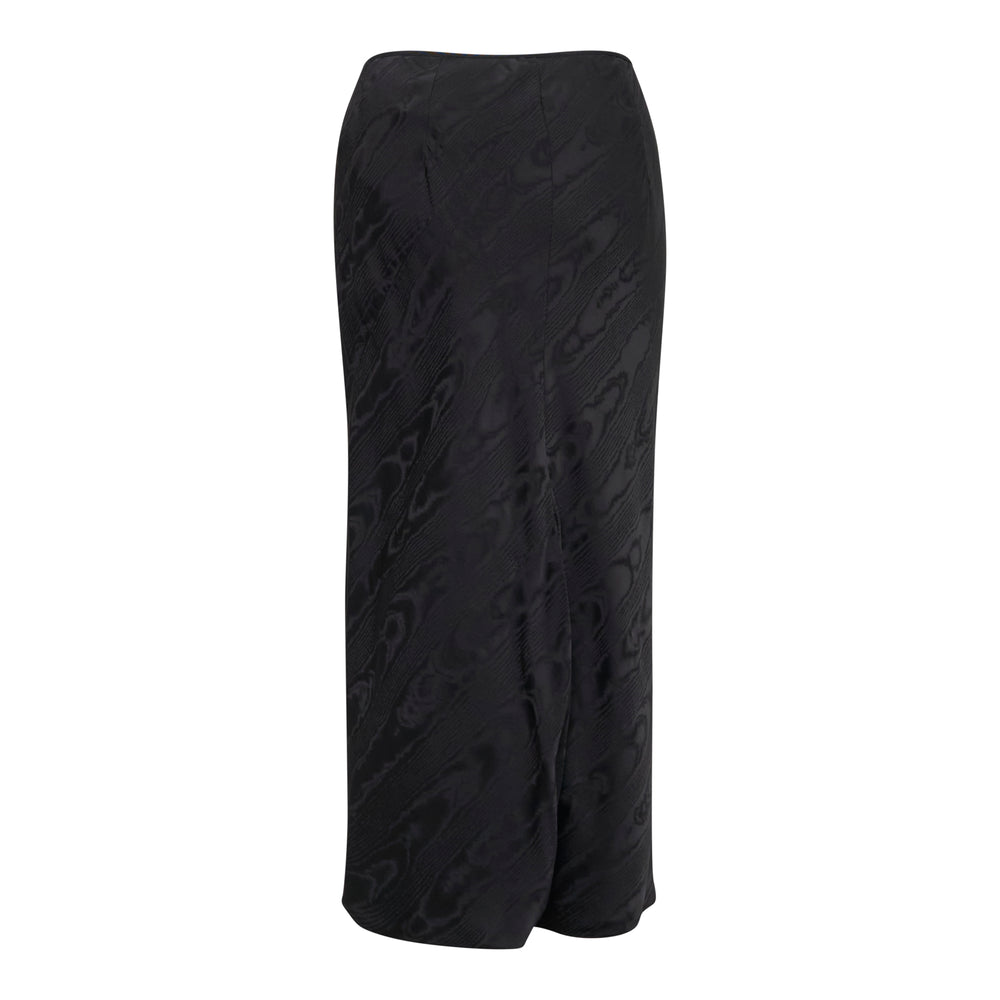 Dries Van Noten sage green floral jacquard midi bias skirt with orange flower motifs and a flared hem, shown flat against a white background
