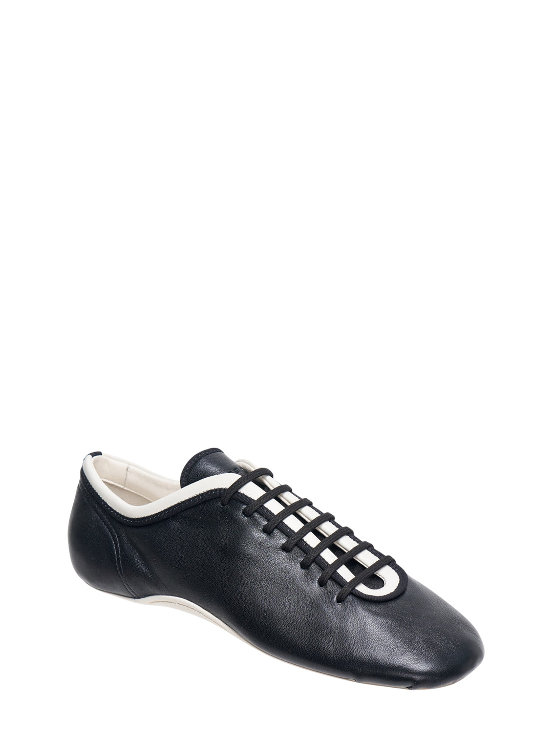 Dries Van Noten foot-shaped black leather lace-up flat shoe with white rubber sole and contrast white collar trim, side profile view - view 2