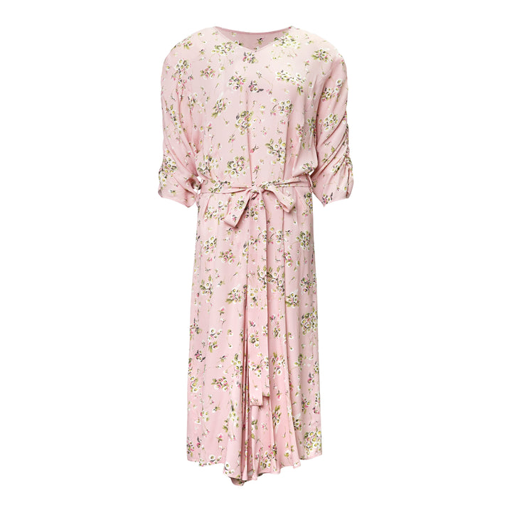 N°21 blush pink floral print midi dress with 3/4 gathered sleeves, self-tie waist belt, and flowing A-line skirt