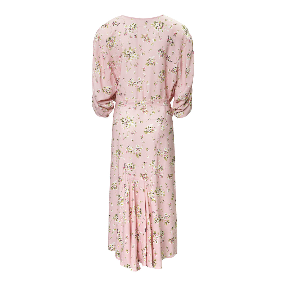 N°21 blush pink floral print midi dress with 3/4 gathered sleeves, self-tie waist belt, and flowing A-line skirt - view 2