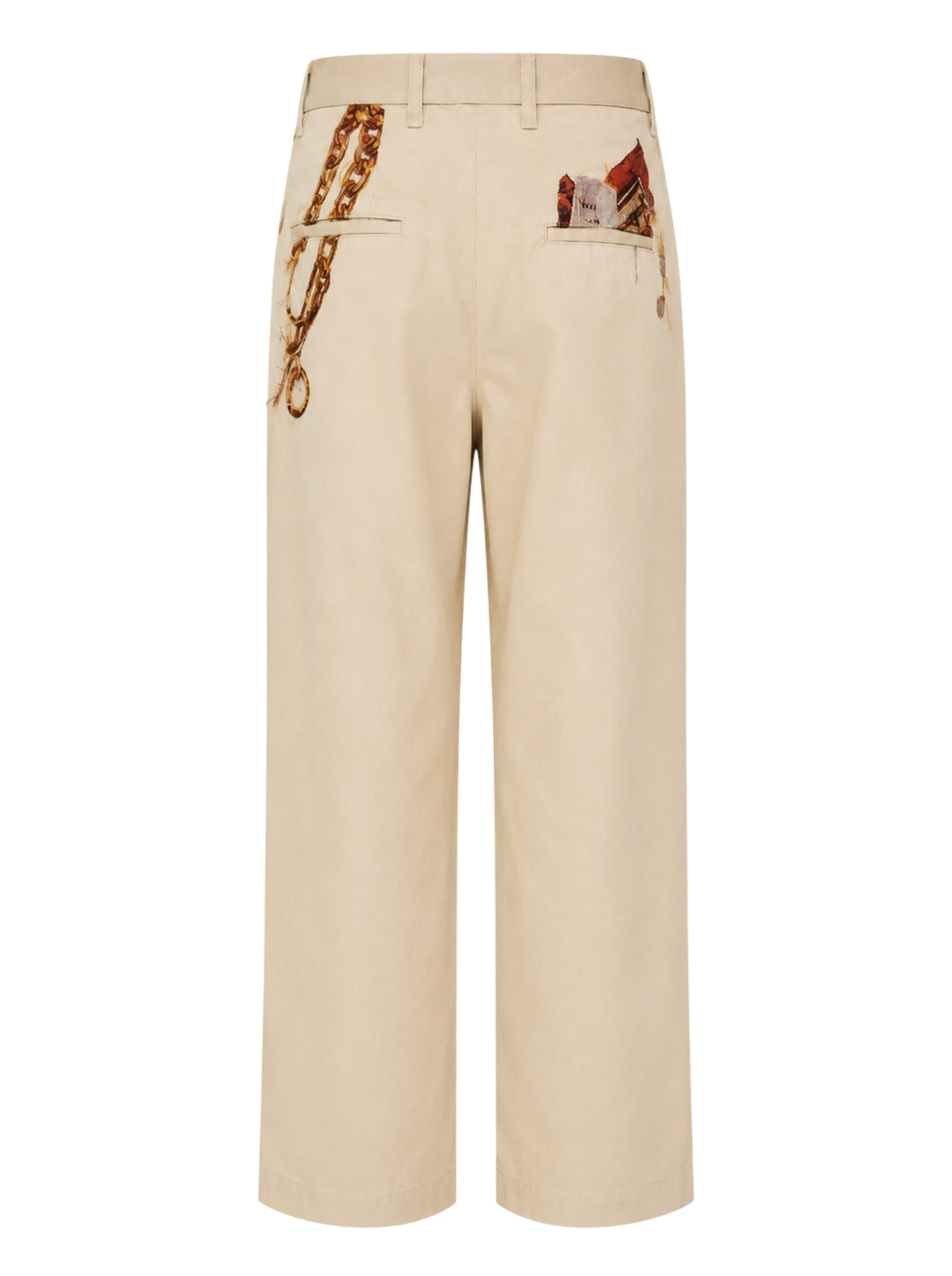 doublet Trompe L'Oeil Embroidery Chinos in sand, featuring a wide-leg silhouette and a detailed embroidery of a key ring with chains and keys at the hip - view 2