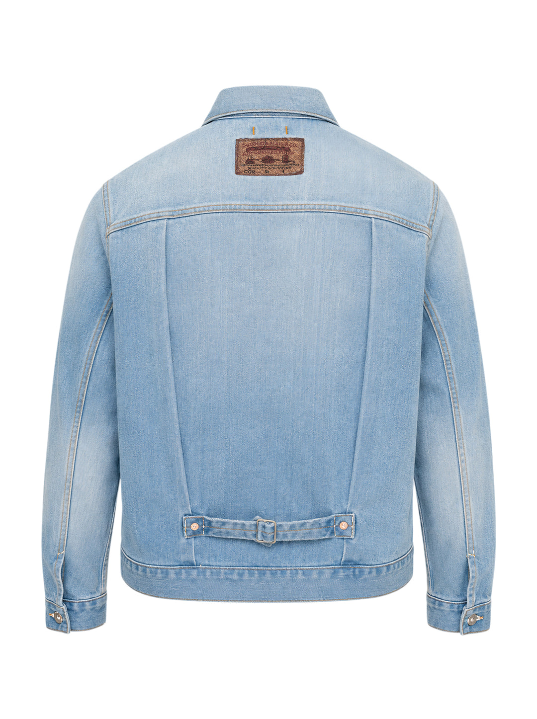 doublet Air Yarn Faded Denim Jacket in light-wash blue with archival printed patch labels on the chest pocket and cuff, featuring amber topstitching and gunmetal button fastening - view 2