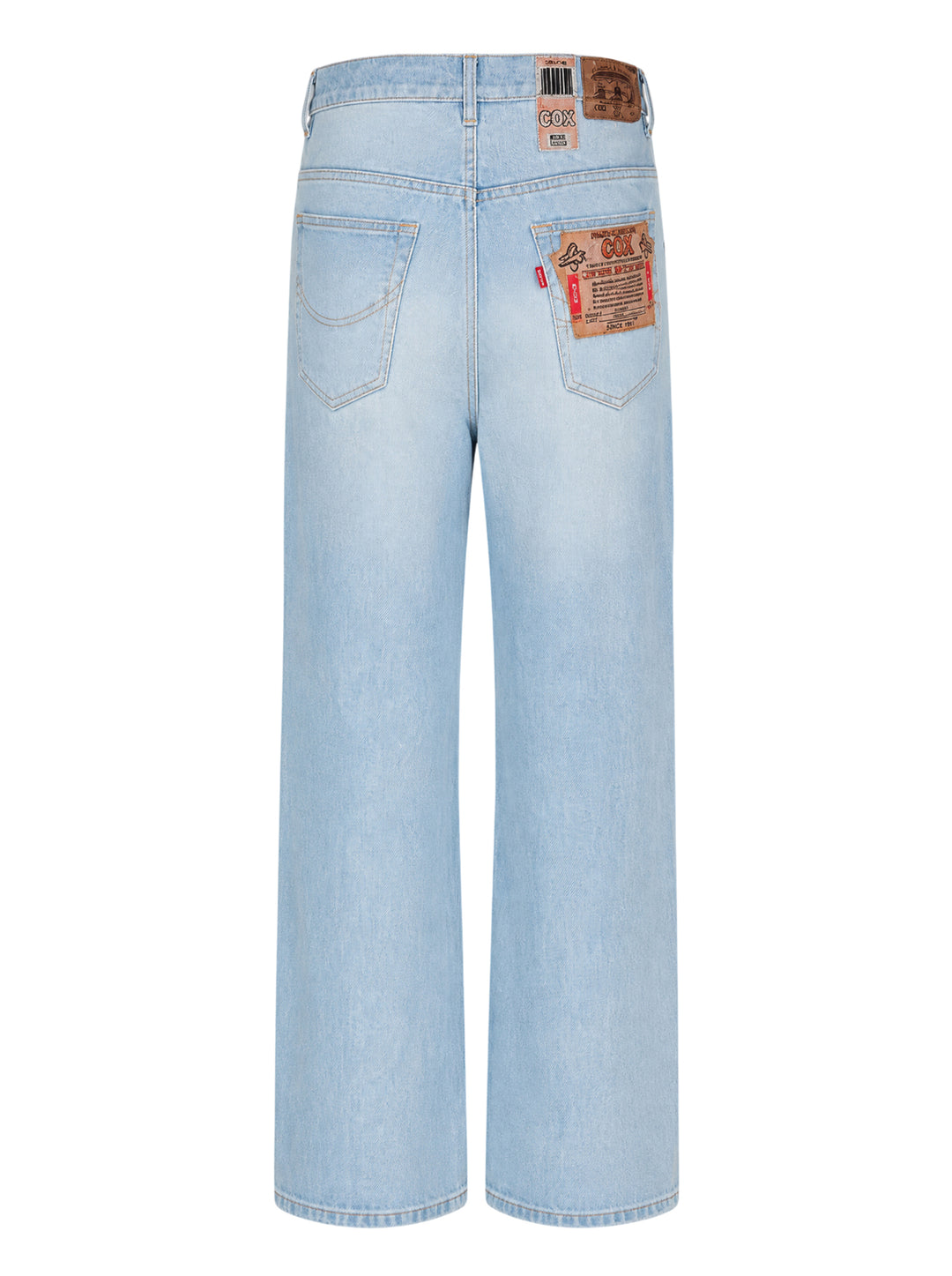 doublet Air Yarn Faded Wide-Leg Jeans in light wash blue, front view showing high-rise waist, five-pocket detail, and exaggerated wide leg silhouette with contrast orange topstitching - view 2
