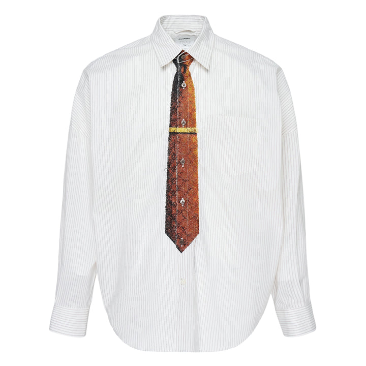doublet Trompe L'Oeil Tie Embroidery Long Sleeve Shirt in light blue pinstripe with a navy sequined and fringed embroidered tie and embellished tie bar detail on the front placket, shown flat on white background