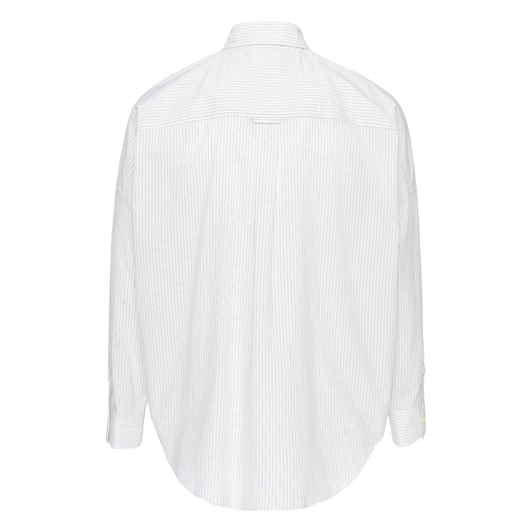doublet Trompe L'Oeil Tie Embroidery Long Sleeve Shirt in light blue pinstripe with a navy sequined and fringed embroidered tie and embellished tie bar detail on the front placket, shown flat on white background