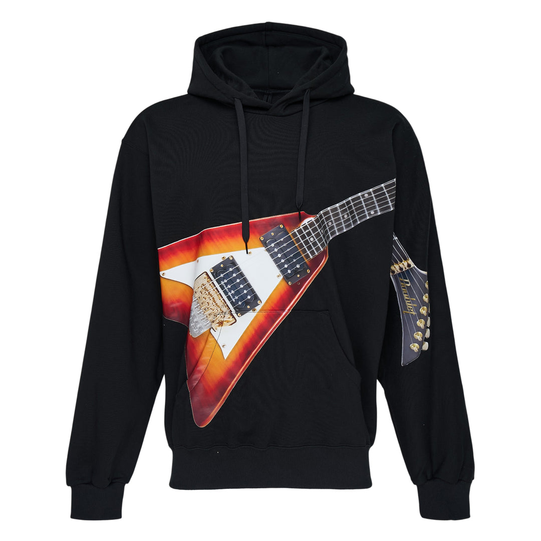 doublet Air Guitar Hoodie in black with a photorealistic sunburst Flying V electric guitar graphic printed across the chest and extending onto the sleeve