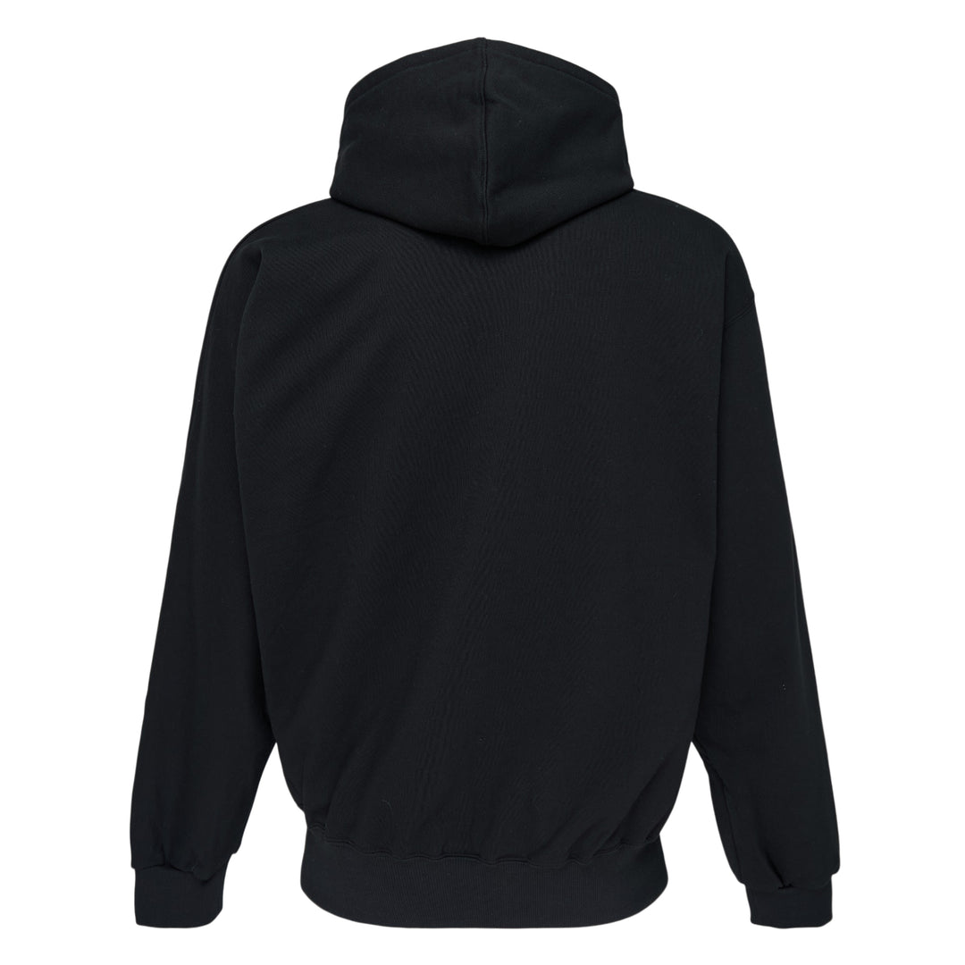 doublet Air Guitar Hoodie in black with a photorealistic sunburst Flying V electric guitar graphic printed across the chest and extending onto the sleeve