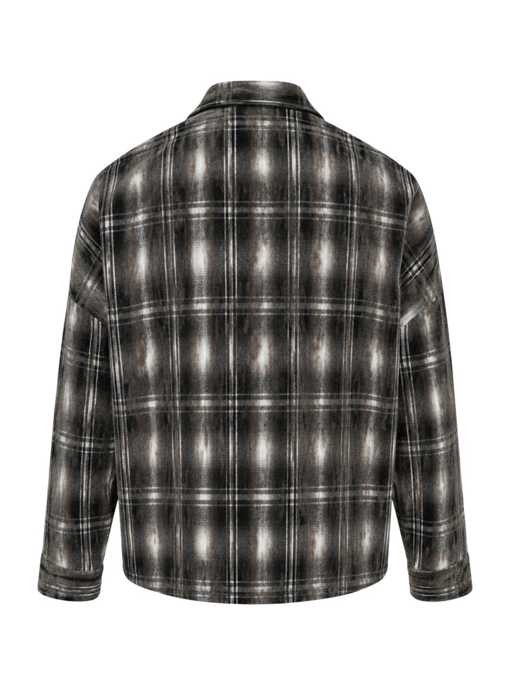 doublet Dust Flocky Pajama Shirt in distressed ombré plaid flannel with camp collar, button-front placket, and chest patch pocket - view 2