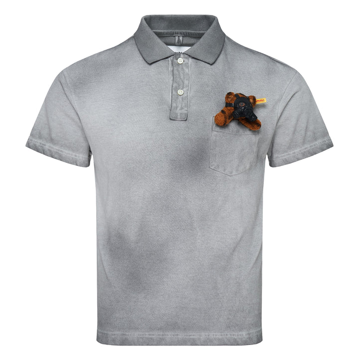 doublet Gas Mask Bear Polo Shirt in dark navy piqué with contrast chambray collar and a miniature Steiff tiger-print teddy bear wearing a gas mask in the chest pocket