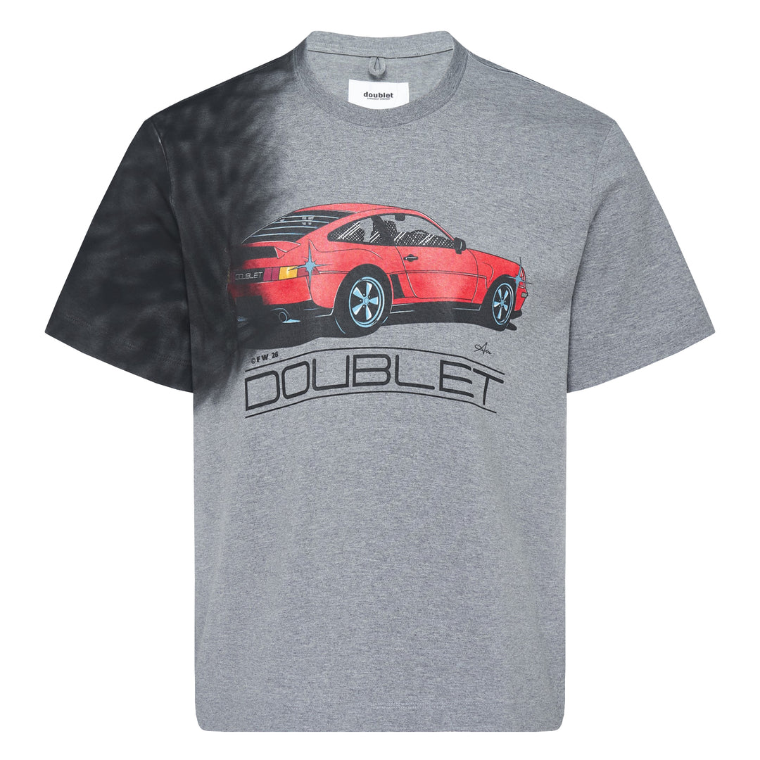 doublet Exhaust Stained Tee in grey marl with shadow dye effect and a retro red sports car graphic on the chest, FW26