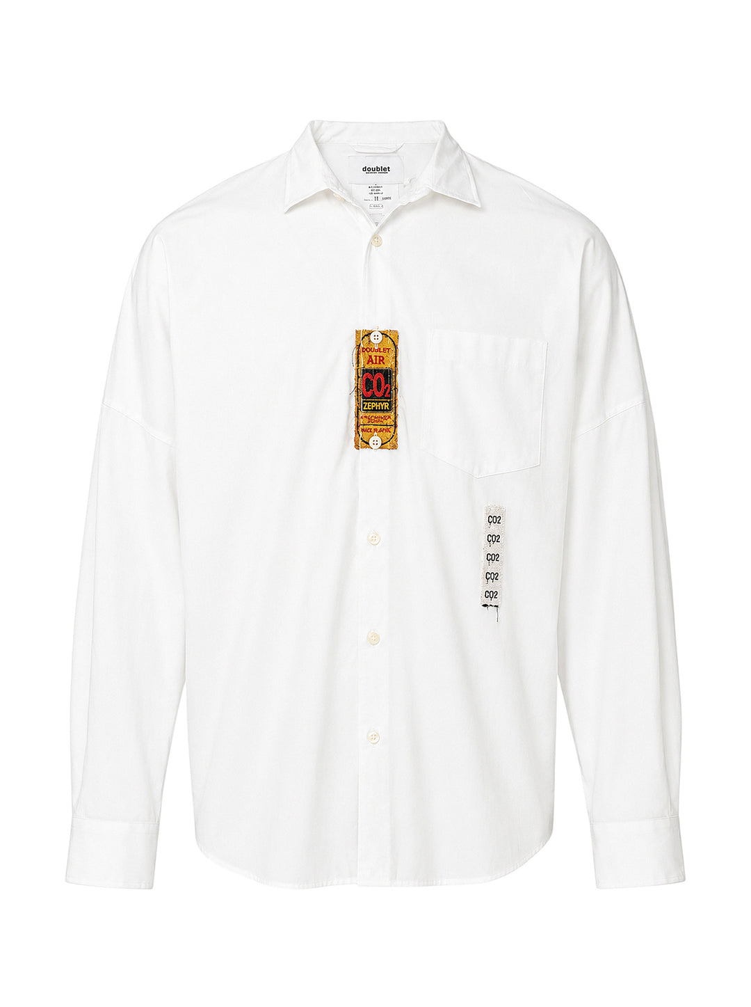 doublet Air Yarn Long Sleeve Shirt in white with embroidered CO2 Zephyr patch on the chest and repeated CO2 stamp graphic on the lower front, shown flat on a white background