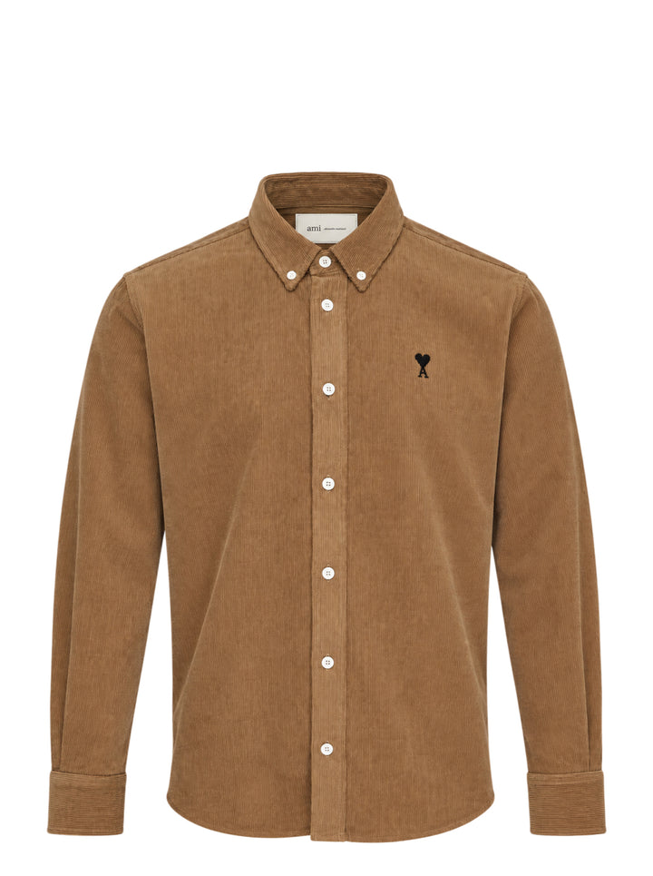 AMI Alexandre Mattiussi fine-wale corduroy button-down shirt in camel with embroidered Ami de Cœur logo at the chest and button-down collar