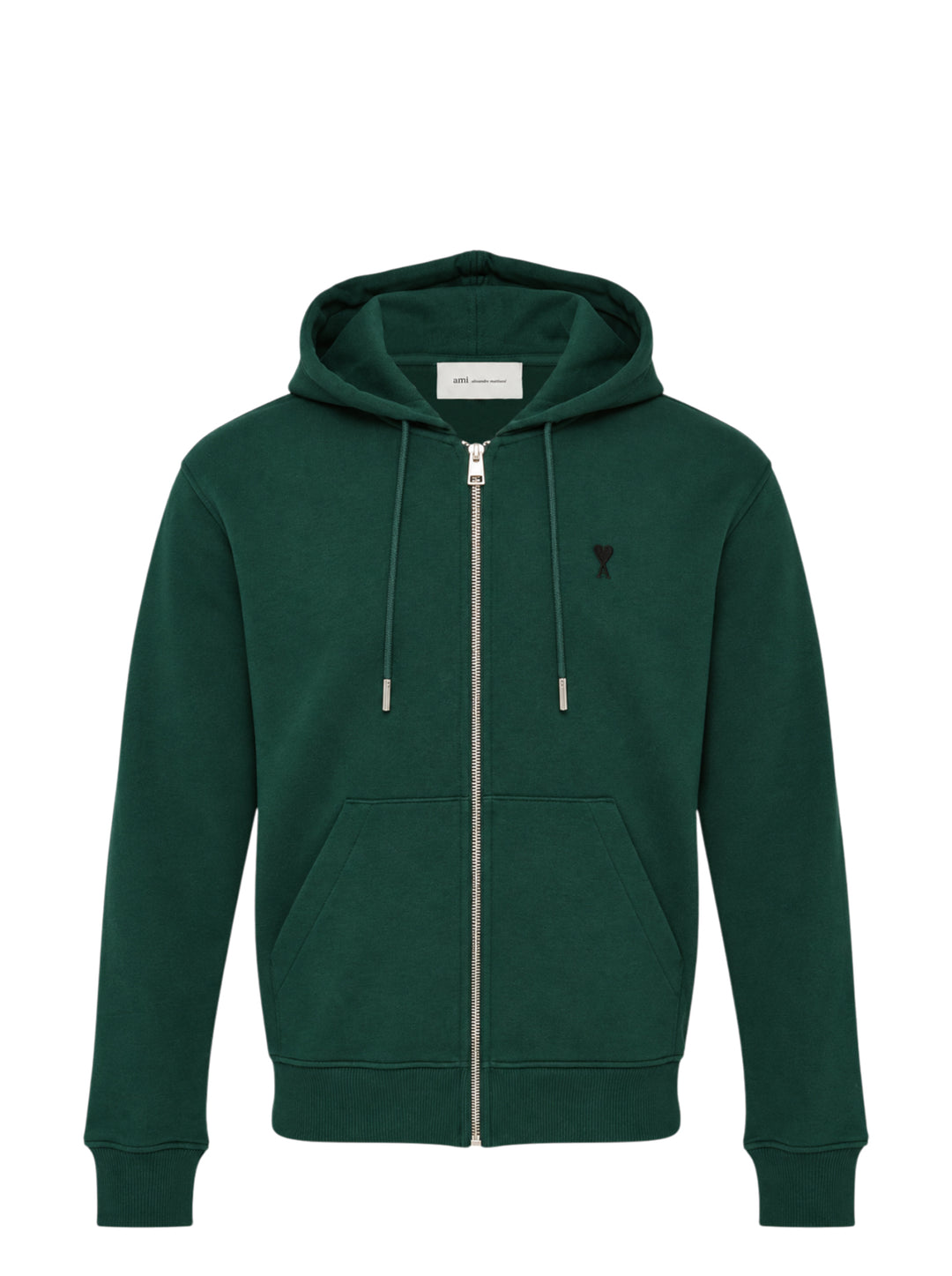 AMI Alexandre Mattiussi forest green zip hoodie with embroidered Ami de Cœur heart logo on the chest, full-length silver zip, kangaroo pocket, and adjustable tonal drawstring hood
