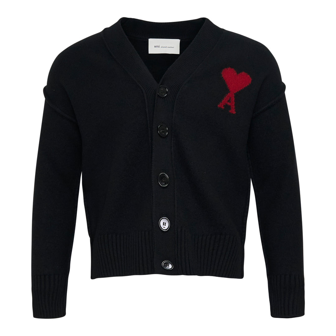 Ami Alexandre Mattiussi black V-neck cardigan with red intarsia-knit Ami de Cœur heart logo on the chest, button front closure, and ribbed trims