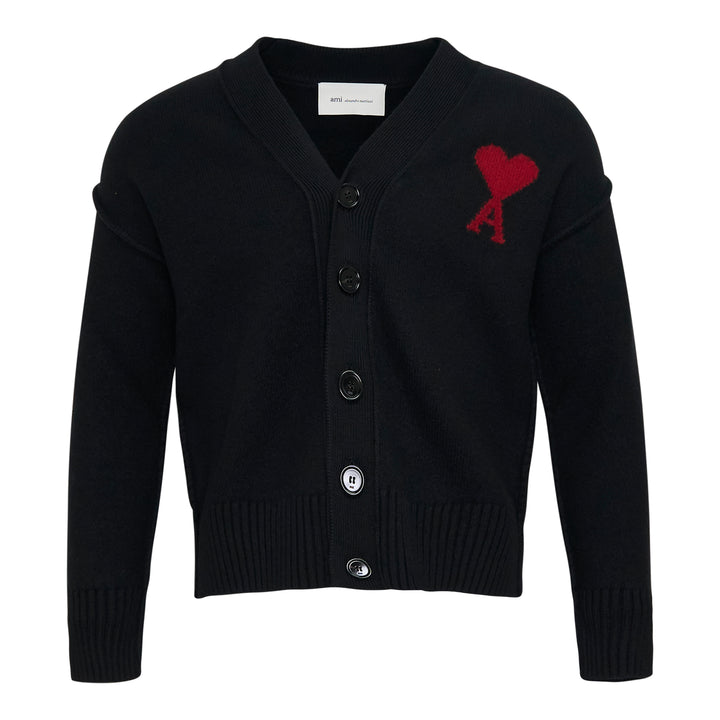 Ami Alexandre Mattiussi black V-neck cardigan with red intarsia-knit Ami de Cœur heart logo on the chest, button front closure, and ribbed trims