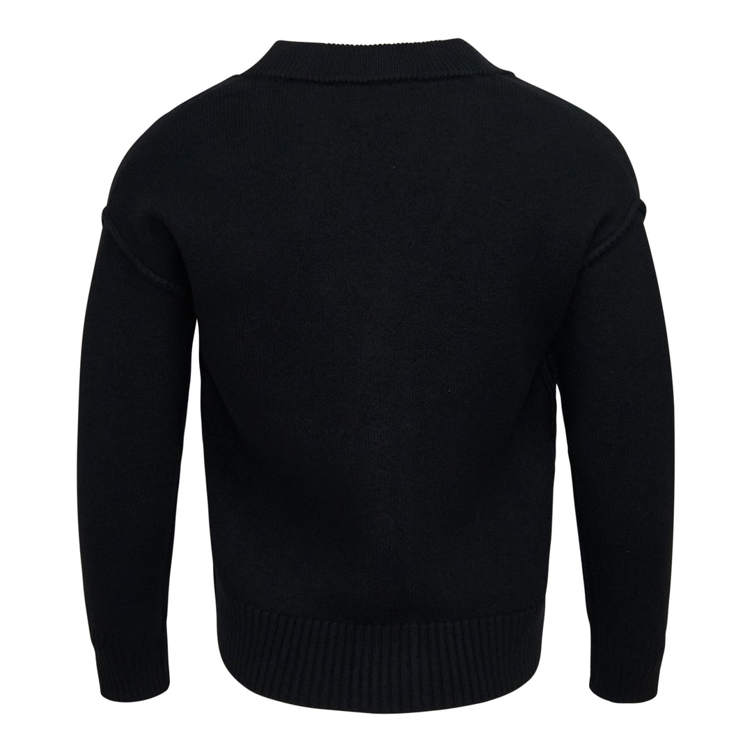 Ami Alexandre Mattiussi black V-neck cardigan with red intarsia-knit Ami de Cœur heart logo on the chest, button front closure, and ribbed trims
