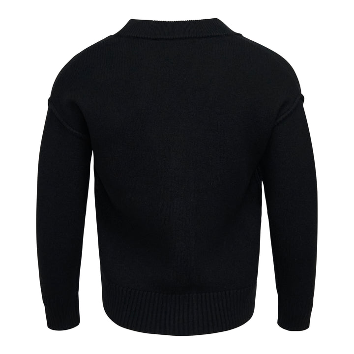 Ami Alexandre Mattiussi black V-neck cardigan with red intarsia-knit Ami de Cœur heart logo on the chest, button front closure, and ribbed trims