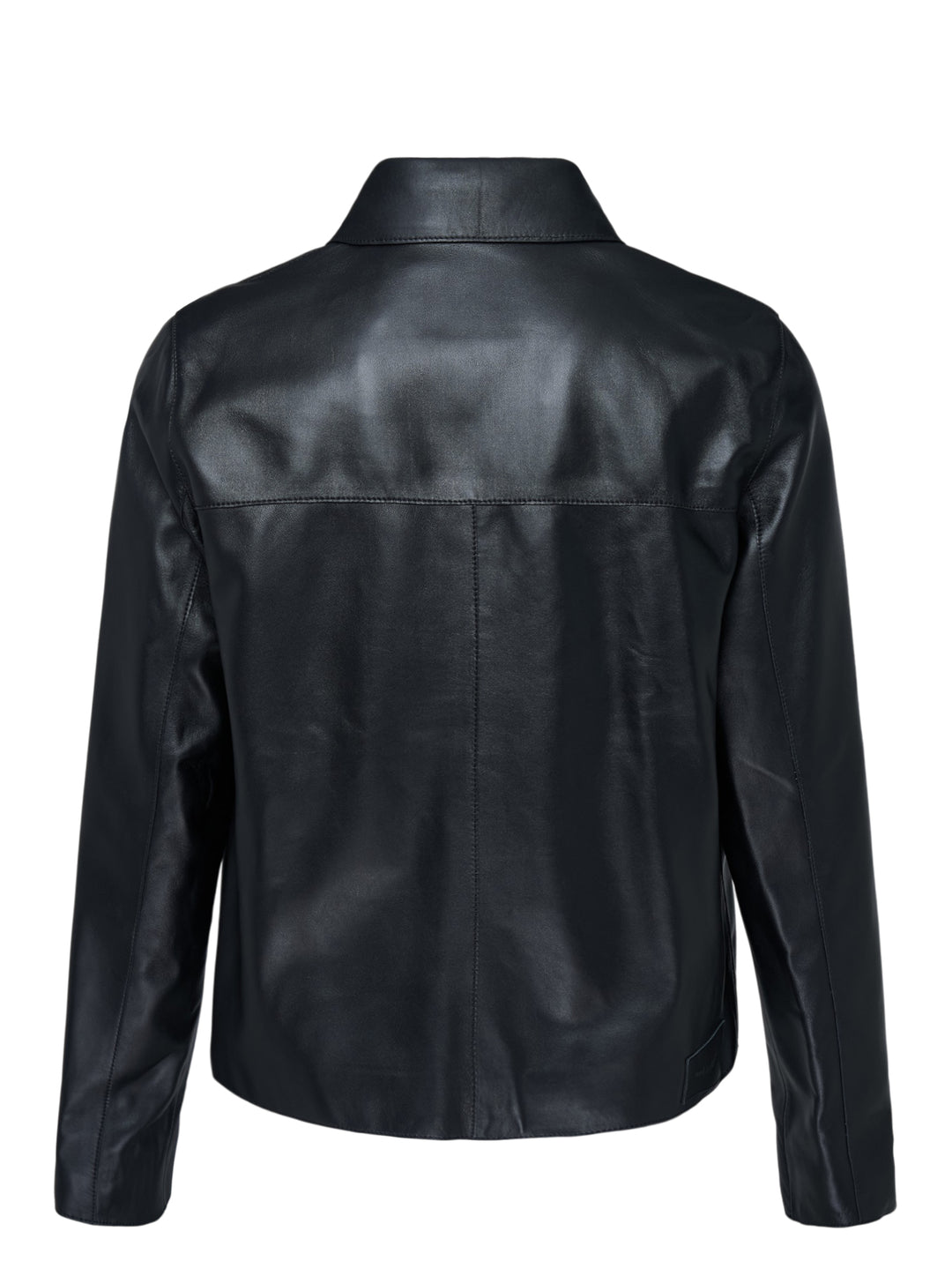 AMI black leather zipped jacket with pointed collar, dual-zip front closure and slanted welt pockets, shown from the front - view 2