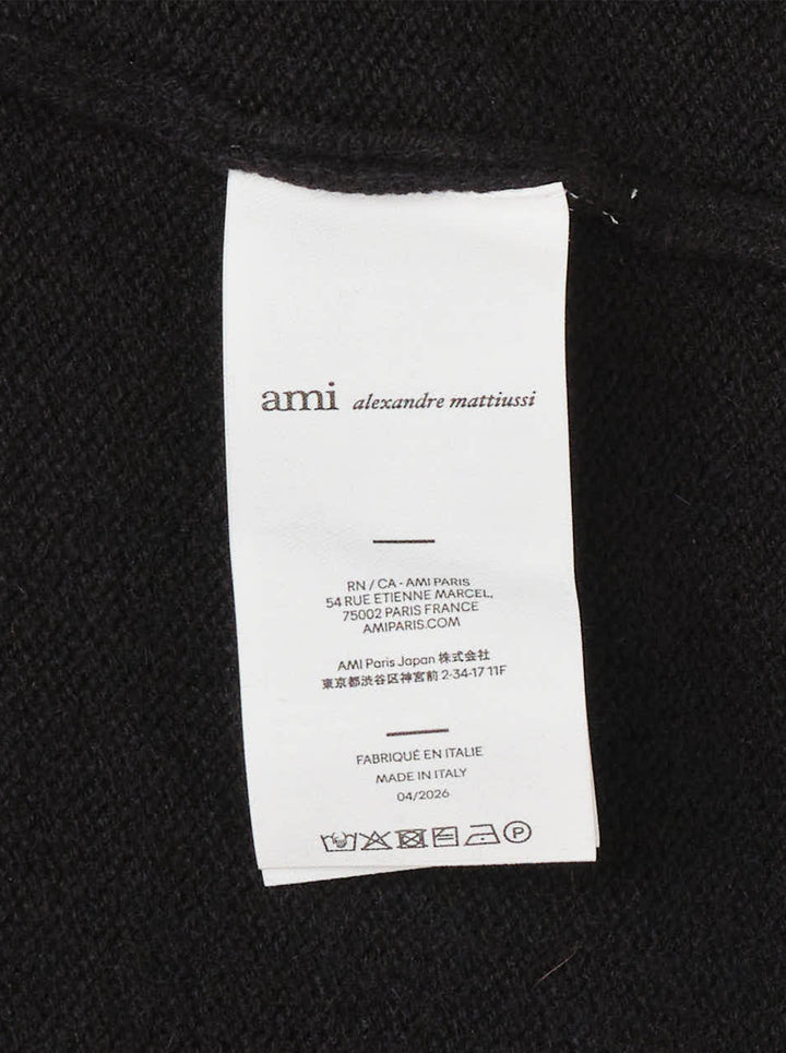 AMI Tonal Crewneck Sweater in black with ribbed collar, cuffs, and hem — front view - view 3