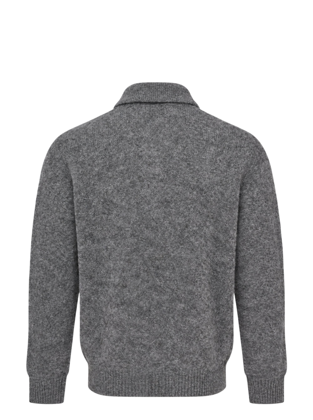 AMI grey bouclé knit polo sweater with spread collar, three-button placket, and ribbed cuffs, displayed on a flat ghost mannequin - view 2