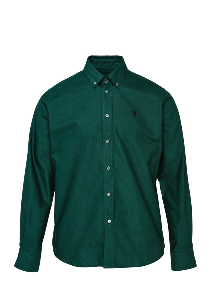 AMI Paris Ami de Cœur long sleeve Oxford shirt in forest green with button-down collar and tonal heart logo embroidery on the chest