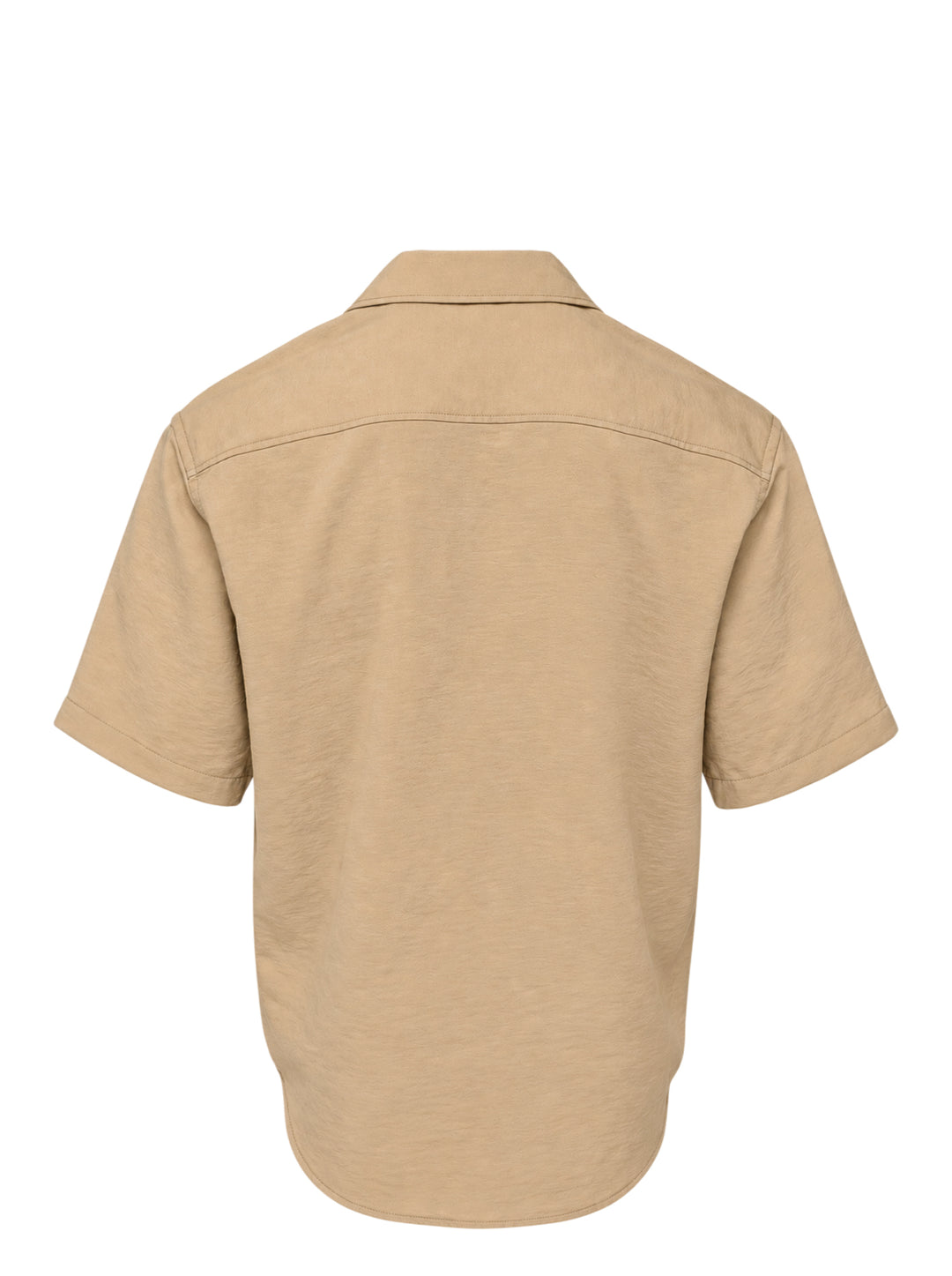 AMI Alexandre Mattiussi short sleeve boxy shirt in beige with camp collar, white shell buttons, and tonal AMI script embroidery at the chest - view 2