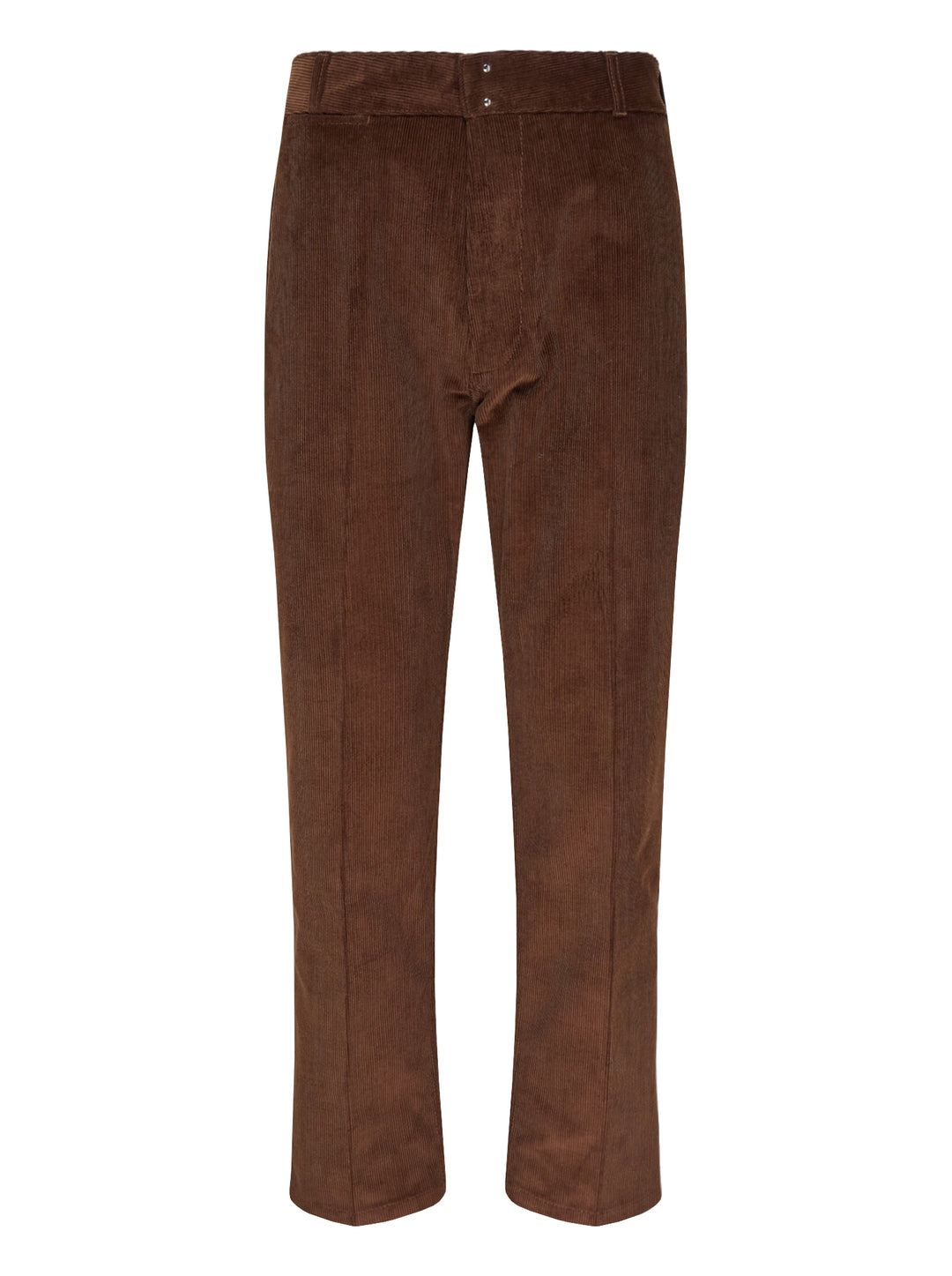 AMI Parisian Fit Trousers in brown fine-wale corduroy with a straight leg silhouette, structured waistband and twin button fastening, front view on white background