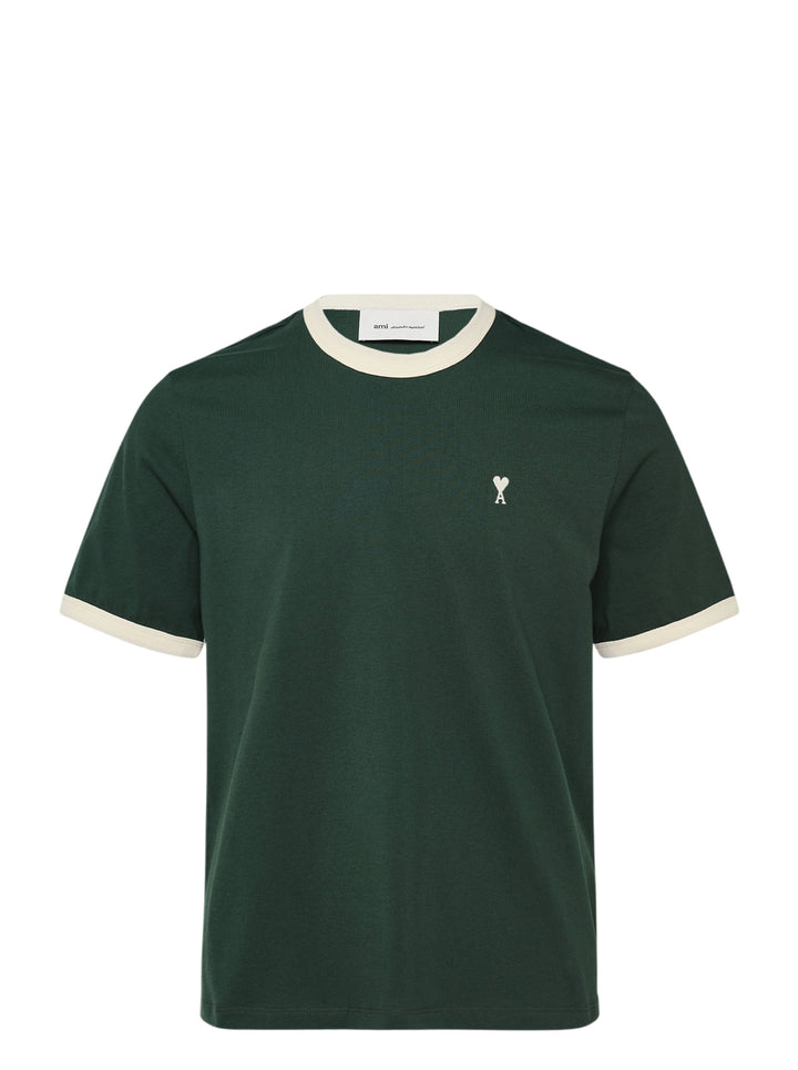 AMI Alexandre Mattiussi Bicolor Ringer Tee in forest green with cream contrast ribbed trim at the neckline and cuffs, and Ami de Cœur logo embroidered at the chest