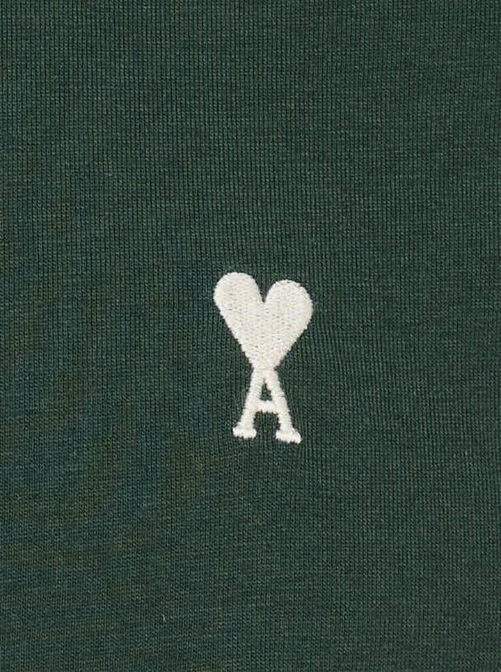 AMI Alexandre Mattiussi Bicolor Ringer Tee in forest green with cream contrast ribbed trim at the neckline and cuffs, and Ami de Cœur logo embroidered at the chest - view 3