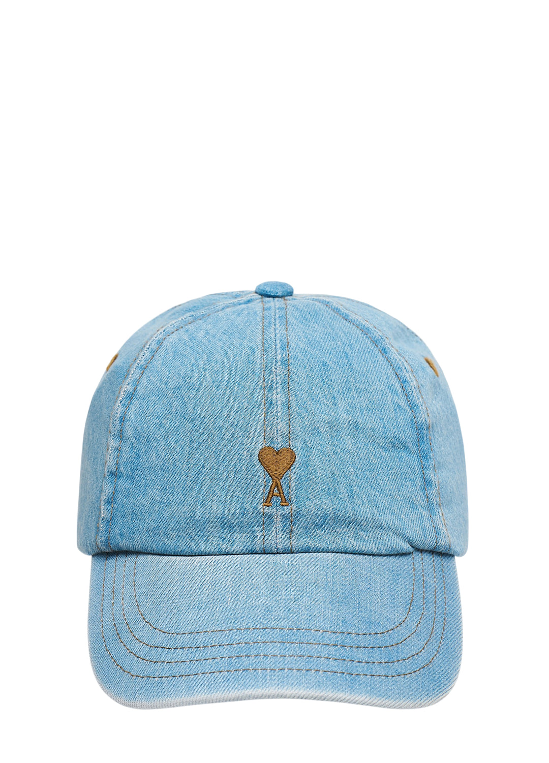 AMI Paris Ami de Cœur light wash denim baseball cap with tobacco embroidered heart logo on the front panel