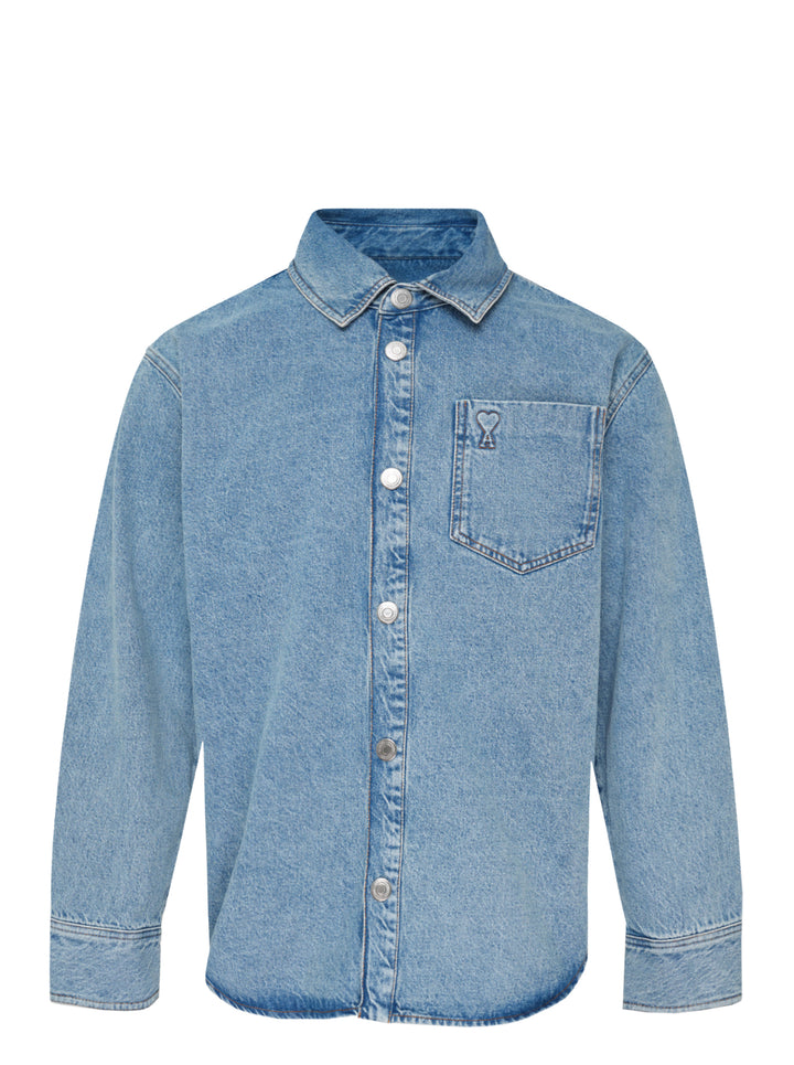 AMI Paris Ami de Cœur denim overshirt in light blue wash with snap-button placket and heart-over-A logo on chest pocket