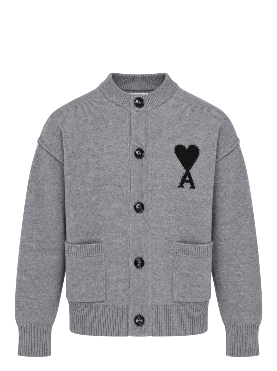 AMI grey crewneck cardigan with intarsia Ami de Cœur logo, button-front closure, ribbed trims, and hip patch pockets