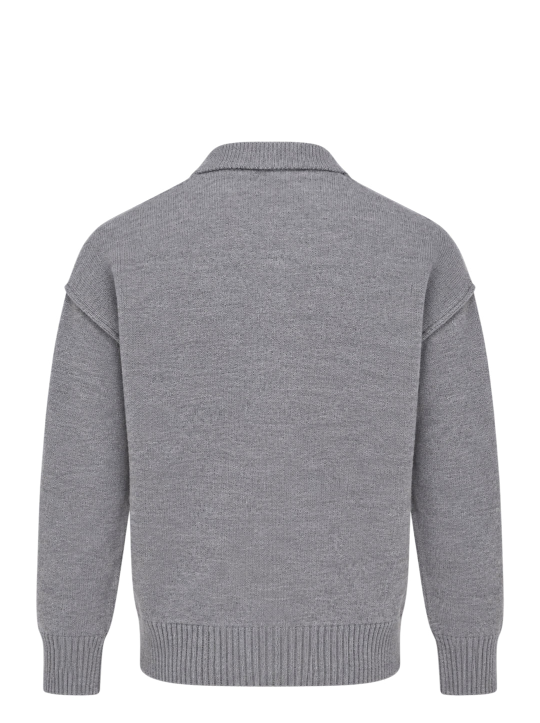 AMI grey crewneck cardigan with intarsia Ami de Cœur logo, button-front closure, ribbed trims, and hip patch pockets - view 2