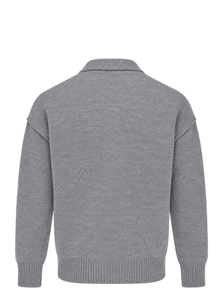 AMI grey crewneck cardigan with intarsia Ami de Cœur logo, button-front closure, ribbed trims, and hip patch pockets - view 2