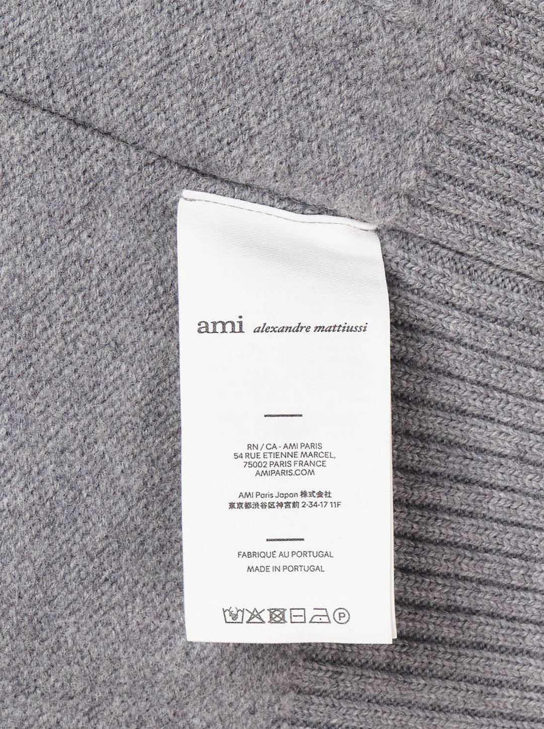 AMI grey crewneck cardigan with intarsia Ami de Cœur logo, button-front closure, ribbed trims, and hip patch pockets - view 5