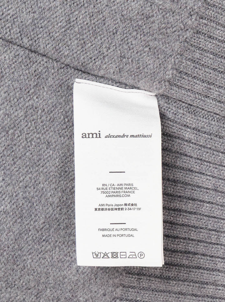 AMI grey crewneck cardigan with intarsia Ami de Cœur logo, button-front closure, ribbed trims, and hip patch pockets - view 5