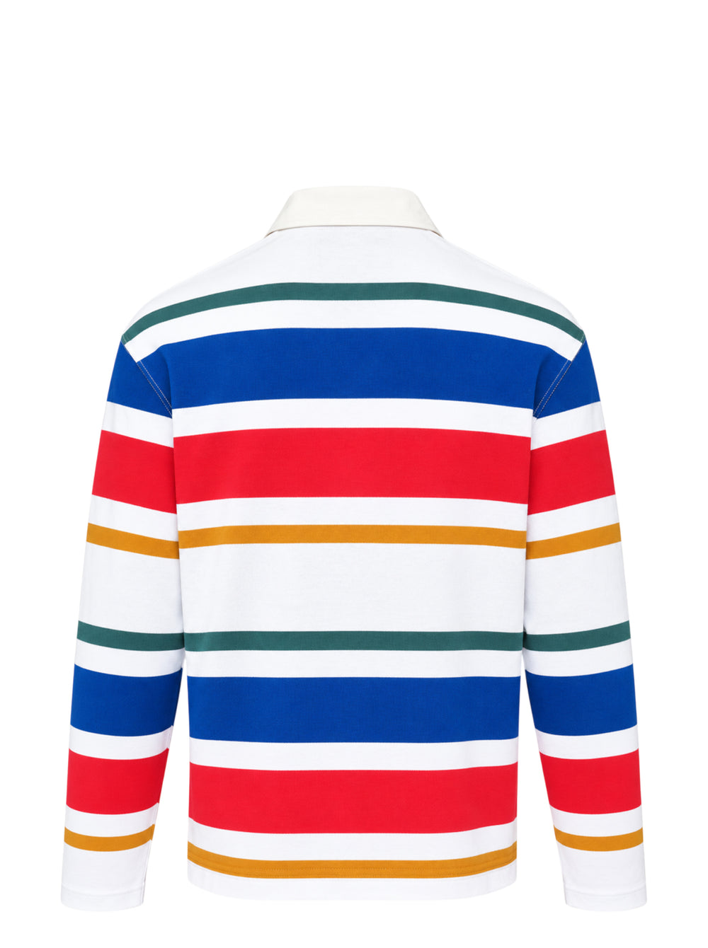 AMI Alexandre Mattiussi striped long sleeve polo with cream collar, three-button placket, and bold horizontal stripes in red, white, blue, teal, and mustard with AMI logo badge at chest - view 2