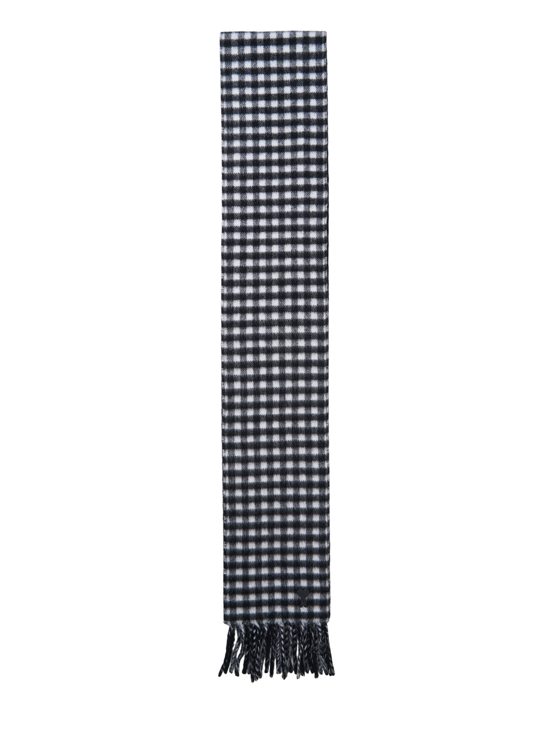 AMI Ami de Coeur black and white gingham check scarf with fringed ends, laid flat against a white background