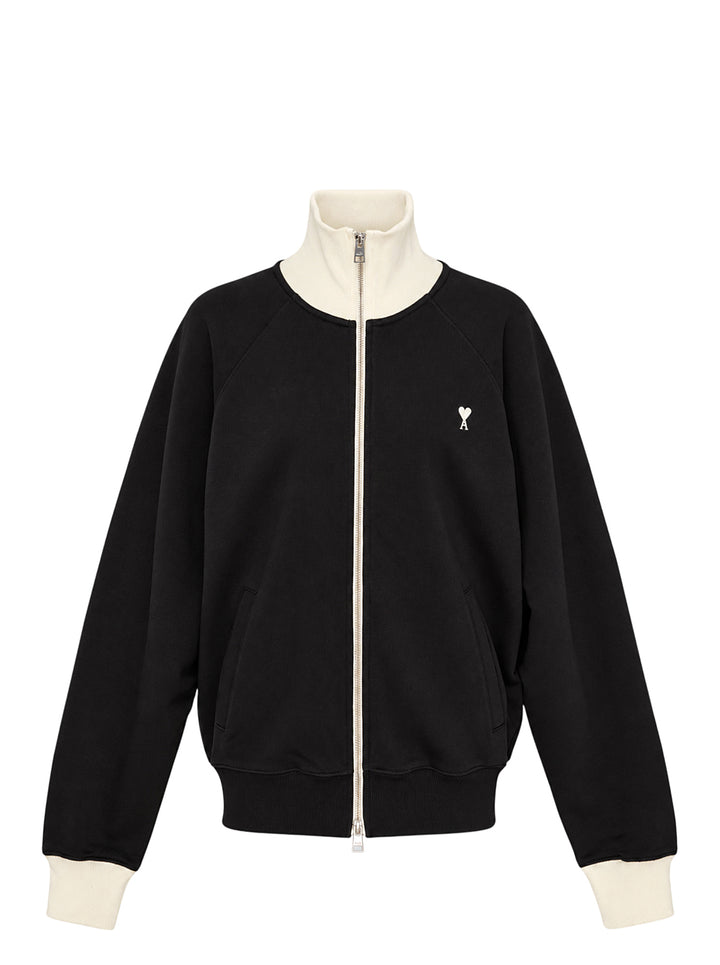 AMI black zip-up sweatshirt with cream funnel collar, ribbed cuffs and embroidered Ami de Coeur logo on the chest