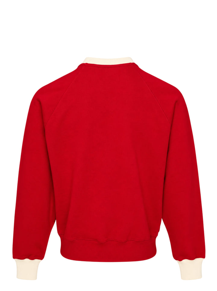 AMI Paris Bicolor Crewneck Sweatshirt in red with cream contrast ribbed collar and cuffs, featuring an embroidered Ami de Cœur logo on the chest - view 2
