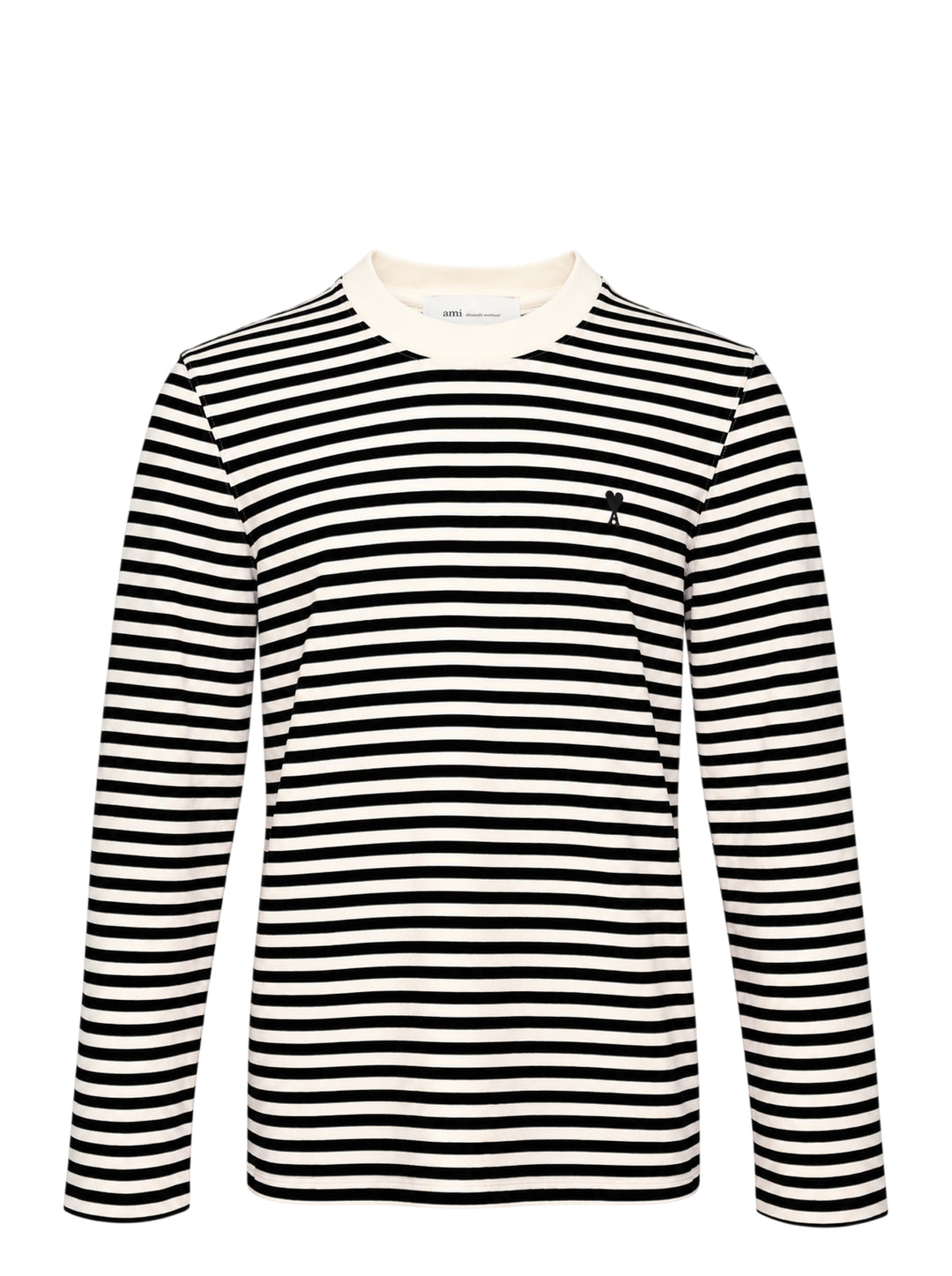 Ami Paris long sleeve crew neck tee in black and ivory horizontal Breton stripes with tonal Ami de Cœur chest logo embroidery
