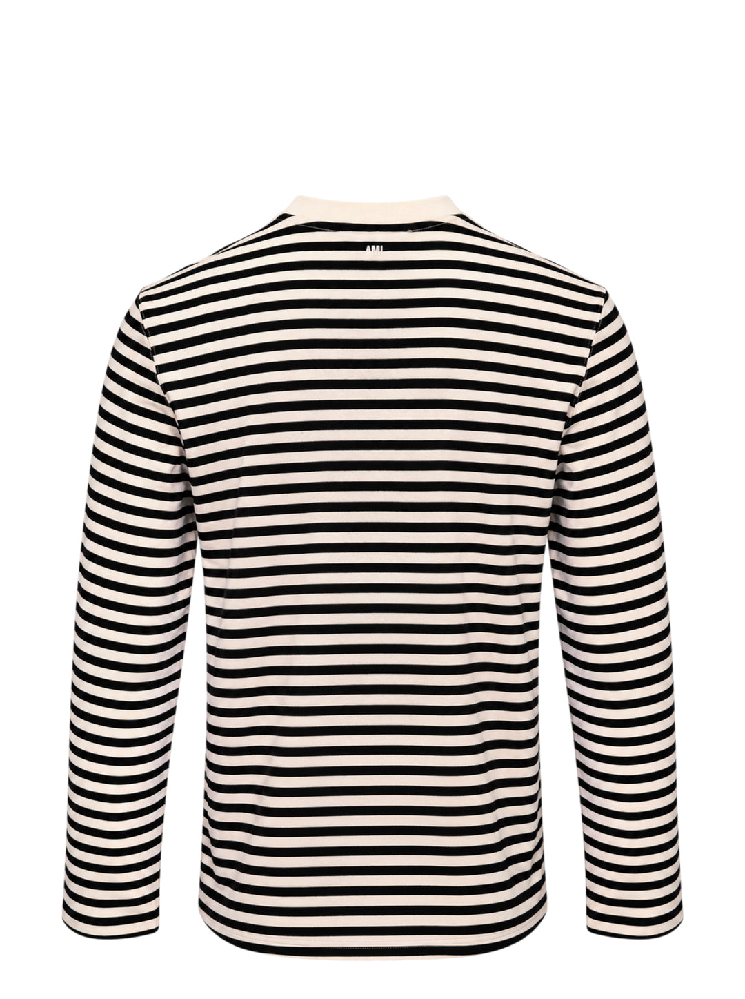 Ami Paris long sleeve crew neck tee in black and ivory horizontal Breton stripes with tonal Ami de Cœur chest logo embroidery - view 2