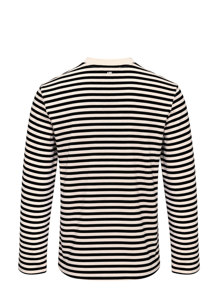 Ami Paris long sleeve crew neck tee in black and ivory horizontal Breton stripes with tonal Ami de Cœur chest logo embroidery - view 2