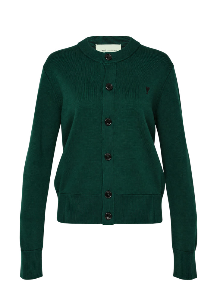 AMI Alexandre Mattiussi forest green crewneck cardigan with dark button-front fastening, ribbed trim, and Ami de Cœur embroidered motif on the chest