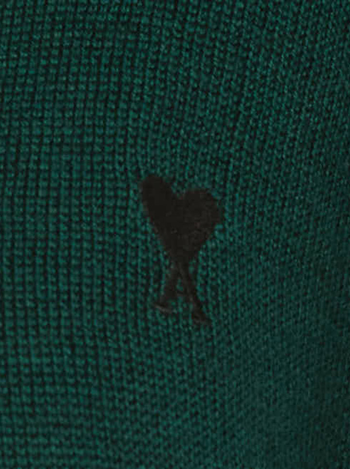 AMI Alexandre Mattiussi forest green crewneck cardigan with dark button-front fastening, ribbed trim, and Ami de Cœur embroidered motif on the chest - view 3