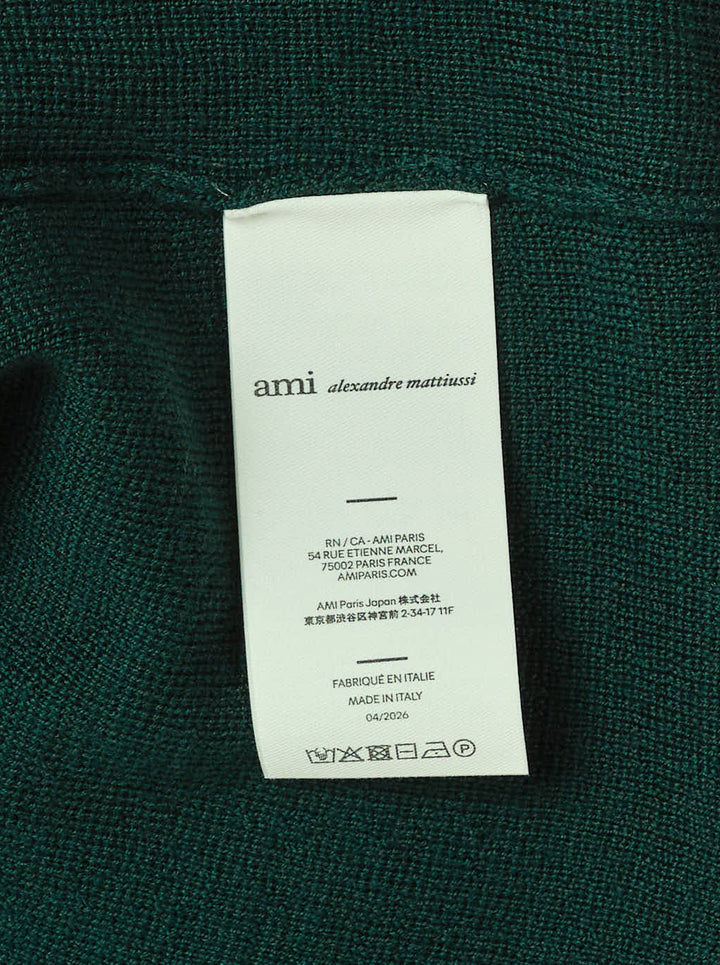 AMI Alexandre Mattiussi forest green crewneck cardigan with dark button-front fastening, ribbed trim, and Ami de Cœur embroidered motif on the chest - view 4