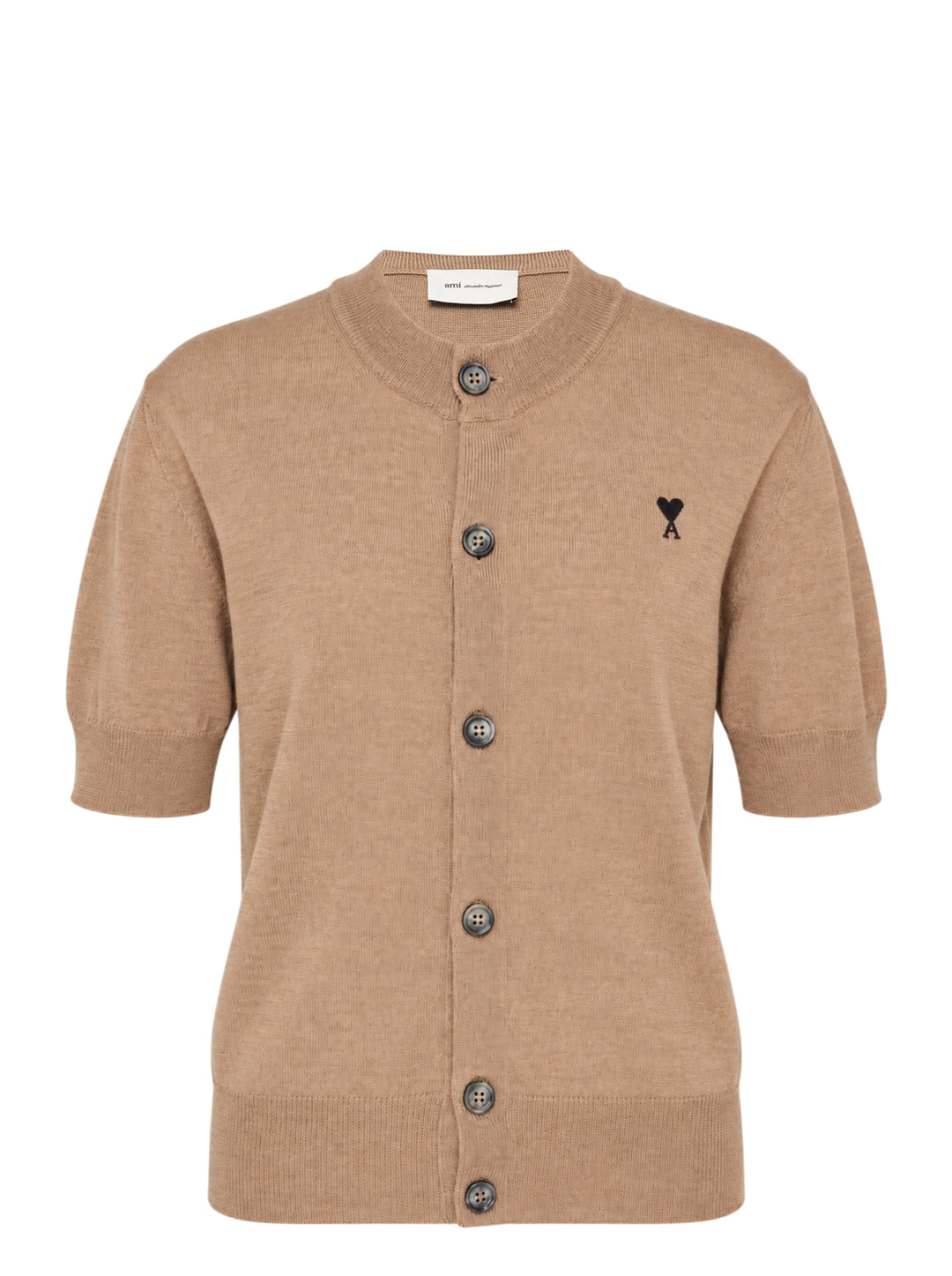 Ami Alexandre Matiussi short sleeve camel knit cardigan with button-through front, ribbed trims, and embroidered Ami de Cœur logo on the chest