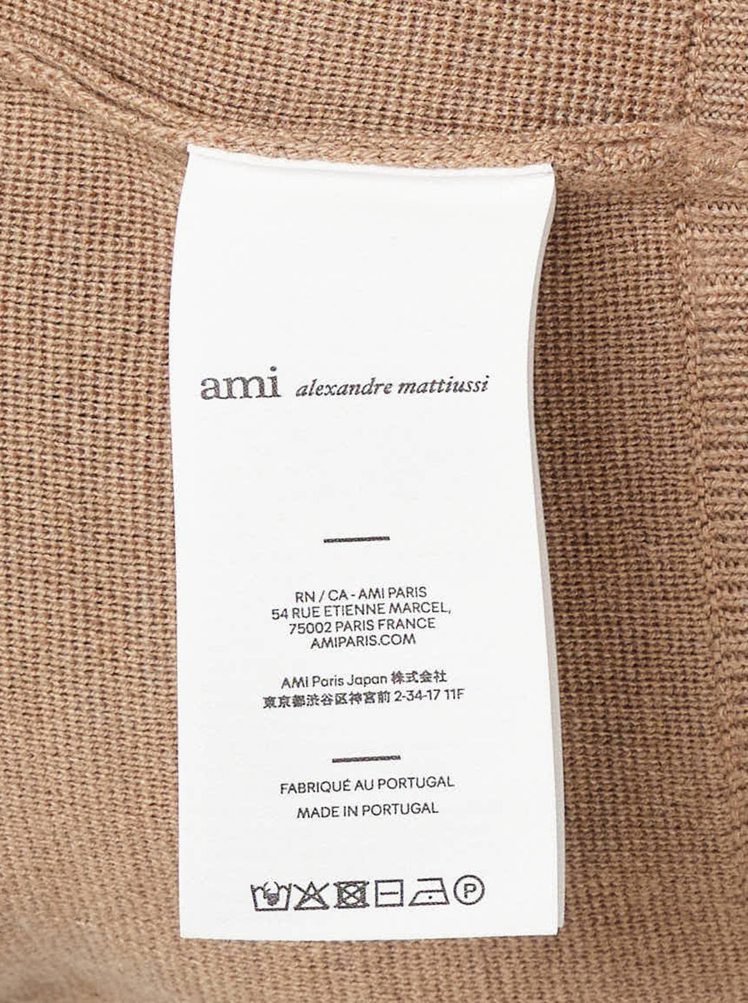 Ami Alexandre Matiussi short sleeve camel knit cardigan with button-through front, ribbed trims, and embroidered Ami de Cœur logo on the chest - view 5