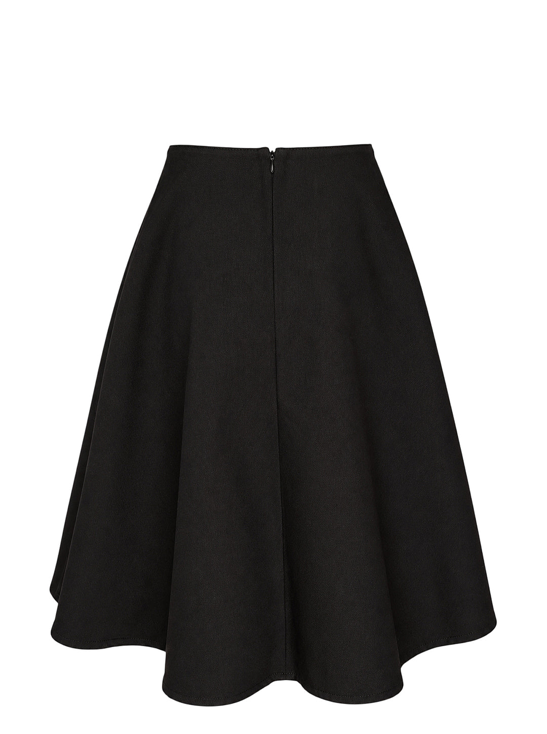 AMI black midi godet skirt with flared paneled silhouette and asymmetric hem, shown from the front - view 2